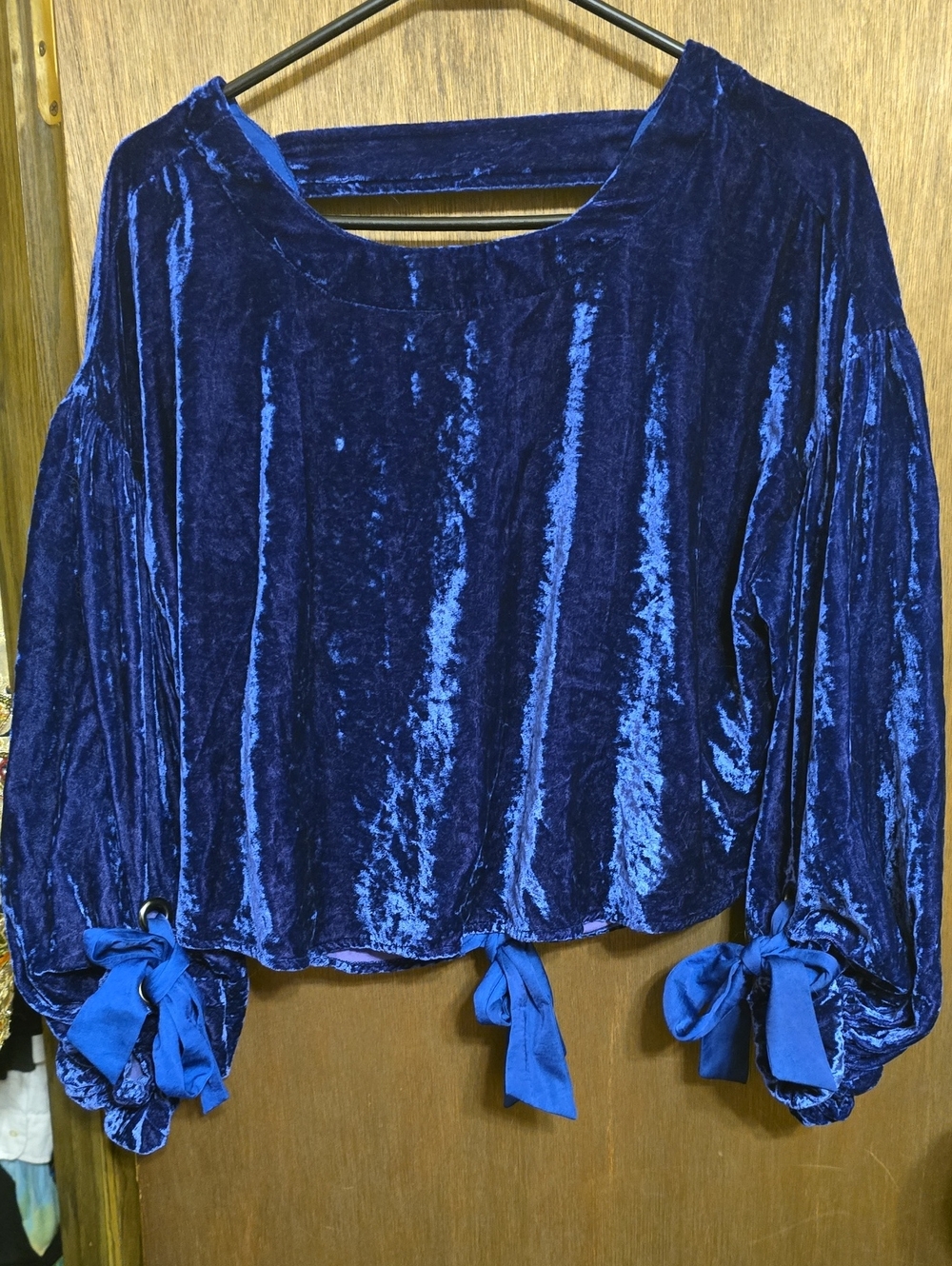 Blue Velvet Tie-Sleeve Women's Top